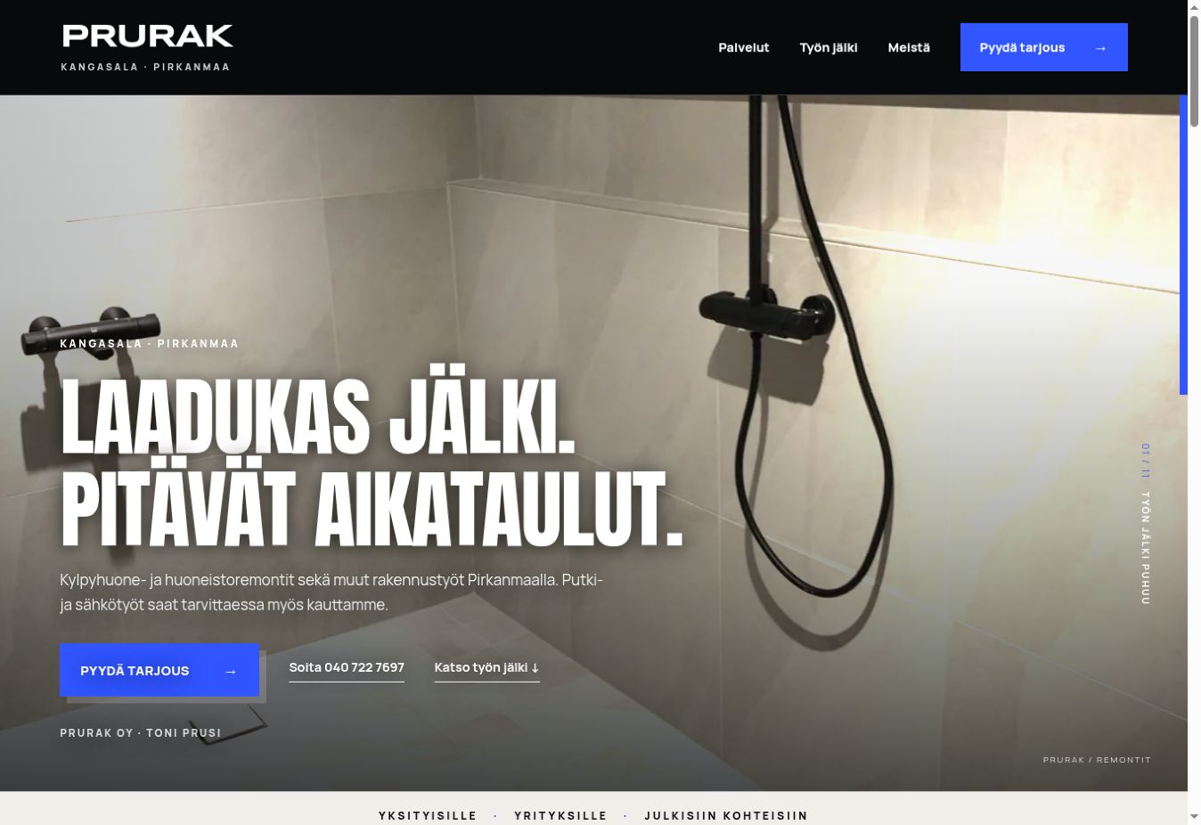 PRURAKin verkkosivu: valmis kylpyhuone, remonttipalveluiden esittely, tarjouspyyntö ja puhelinnumero.