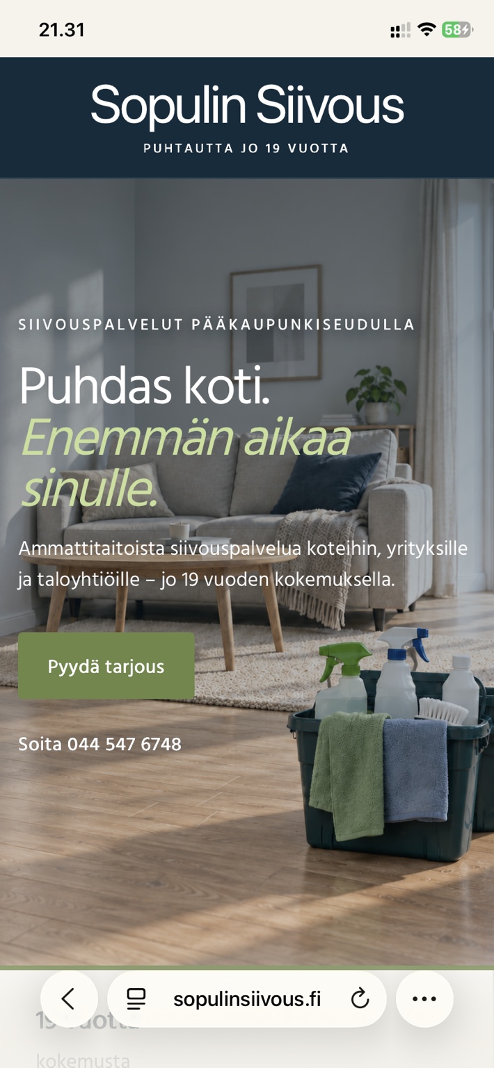 Sopulin Siivouksen aito mobiilinäkymä: Puhdas koti. Enemmän aikaa sinulle.